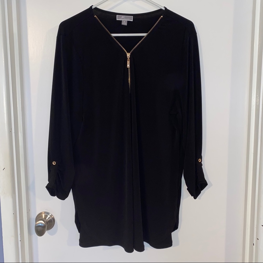 JM Collection Black Blouse w/ Gold Zipper V Neck